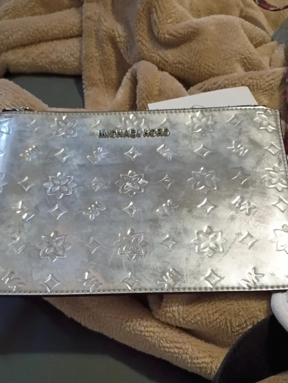 Michael Kors Metallic Silver Embossed Zip Card Holder